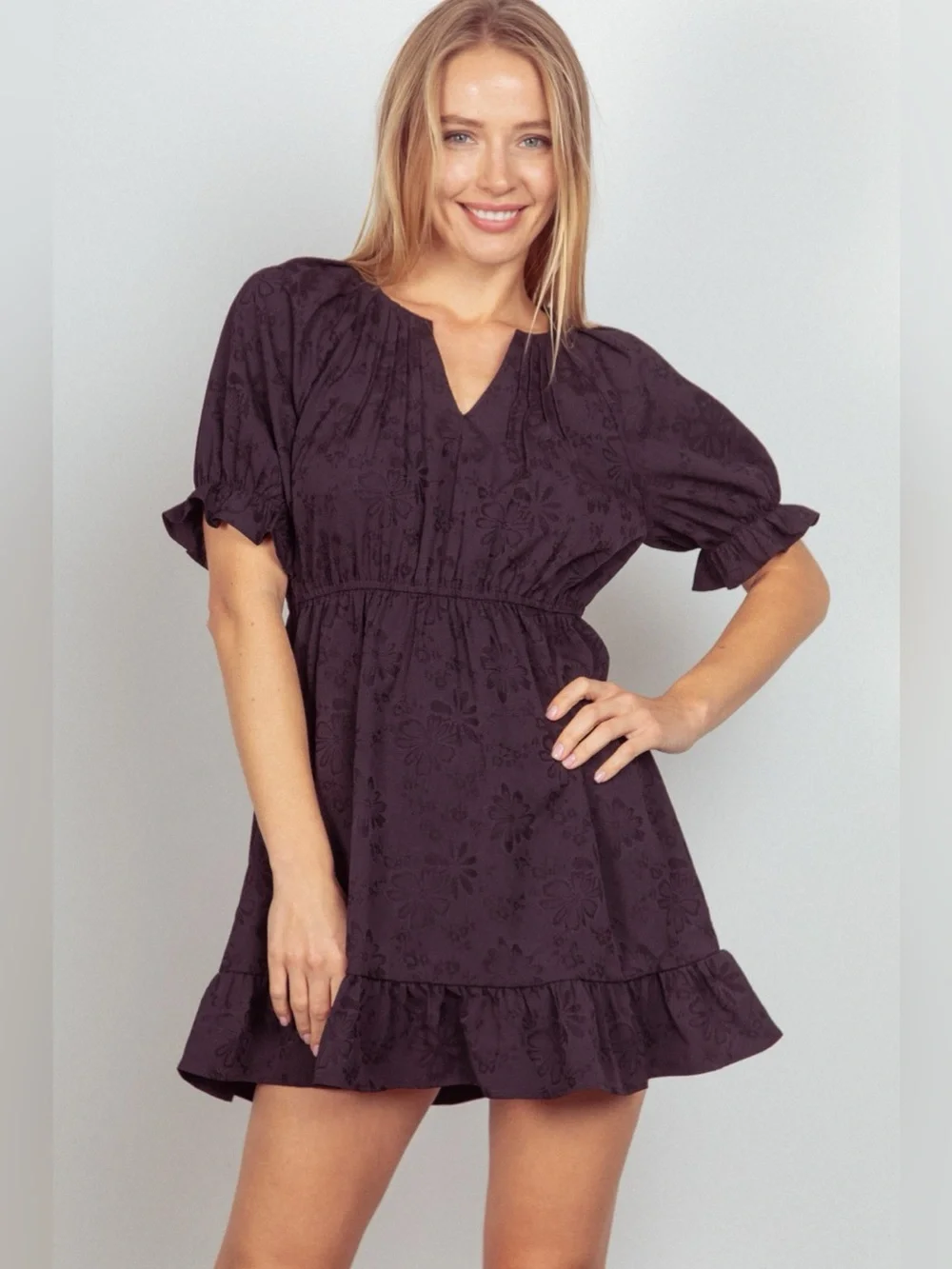 VERY J Floral Textured Woven Ruffled Mini Dress - Picture 1 of 4